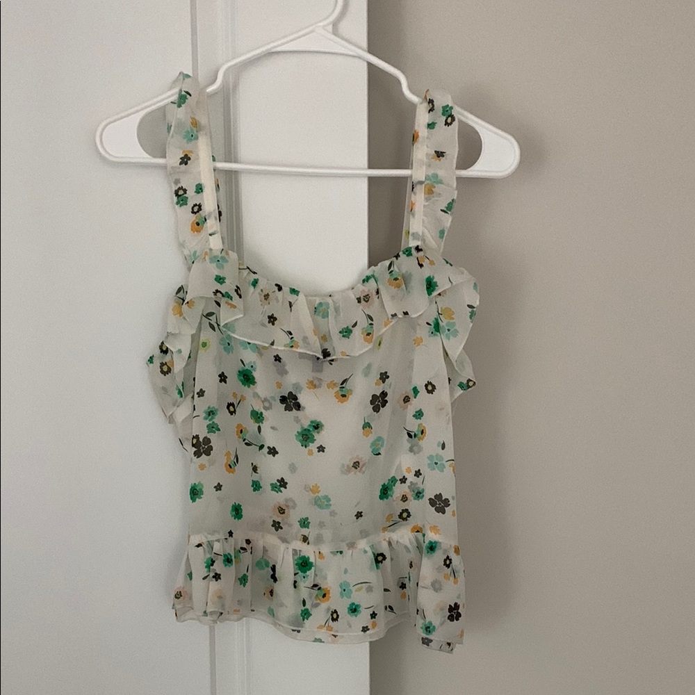 Who What Wear White and Green Ruffled Blouse